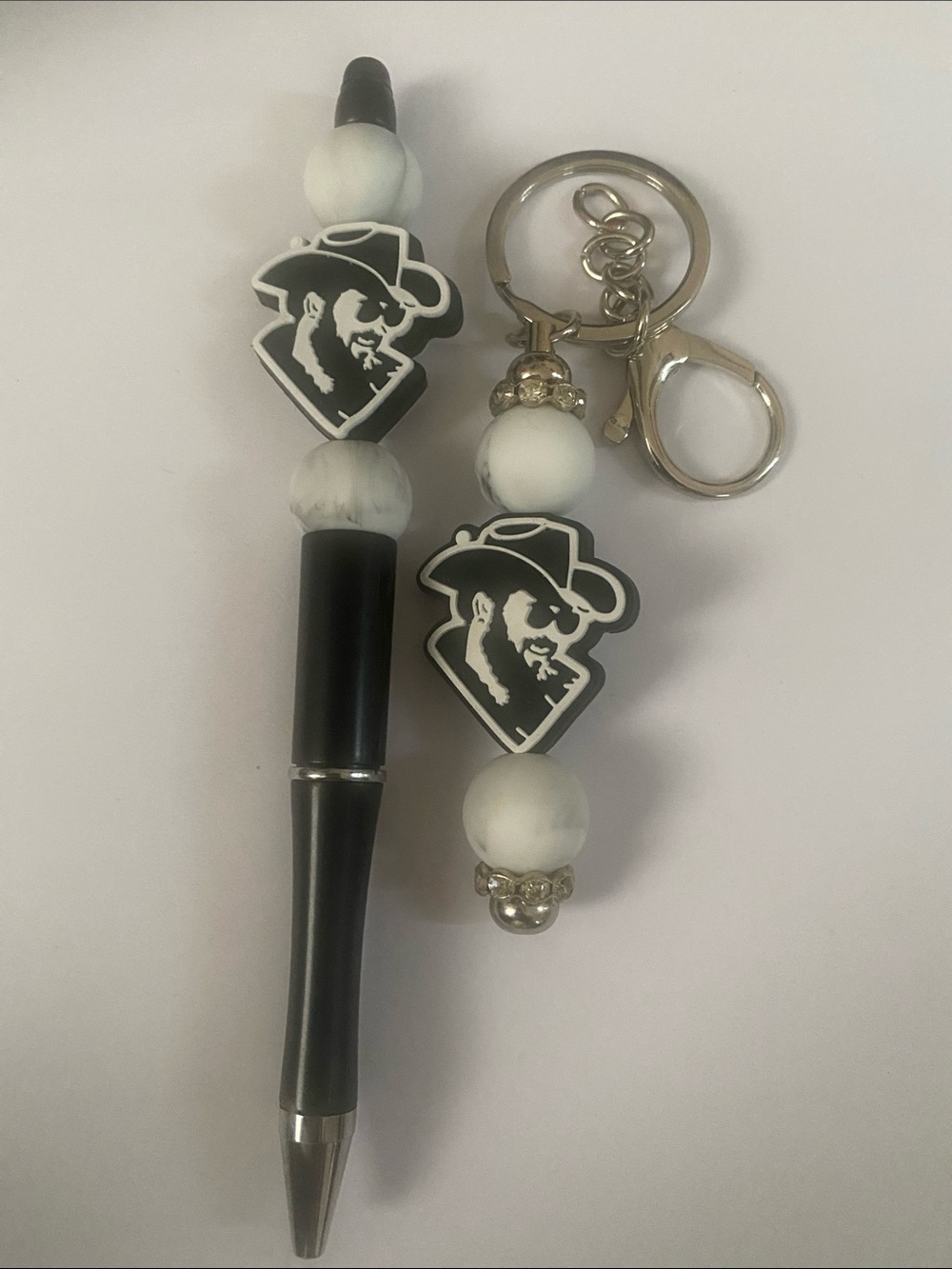 Handcrafted Black & White Rip Wheeler Keychain Pen Set Plus Cat Journal